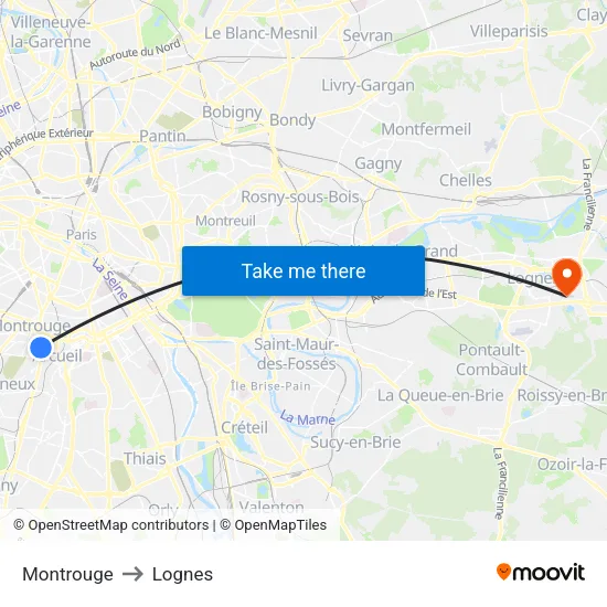 Montrouge to Lognes map