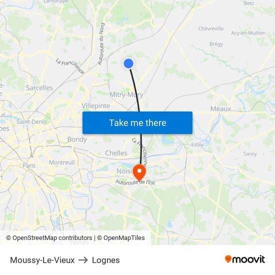 Moussy-Le-Vieux to Lognes map