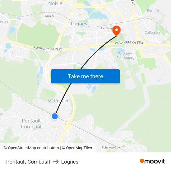 Pontault-Combault to Lognes map