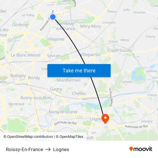 Roissy-En-France to Lognes map