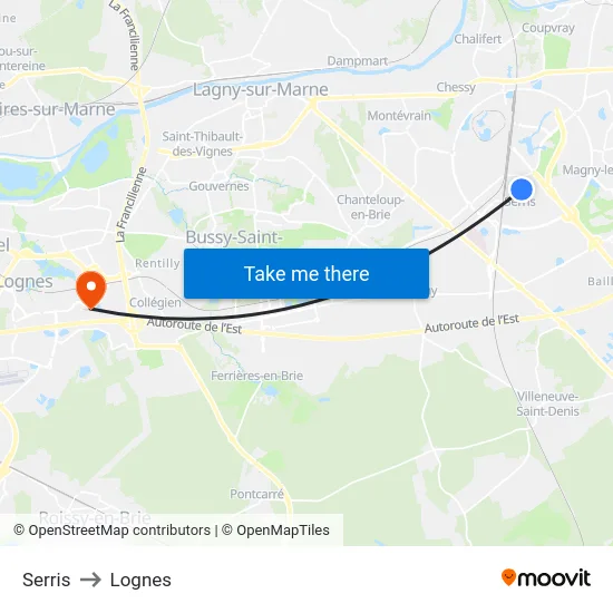 Serris to Lognes map