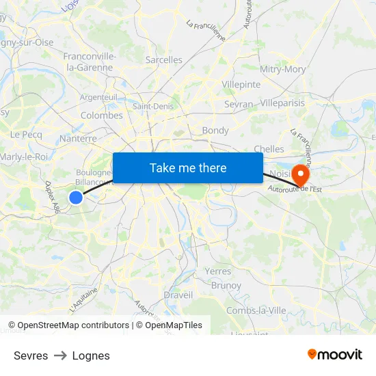 Sevres to Lognes map