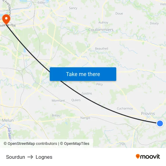 Sourdun to Lognes map