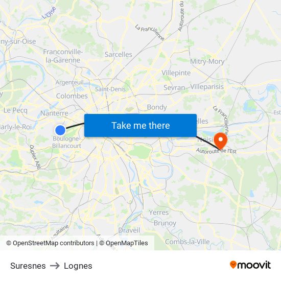 Suresnes to Lognes map