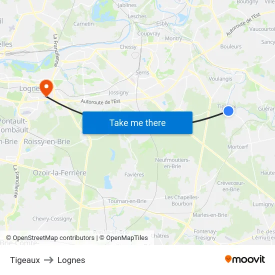 Tigeaux to Lognes map