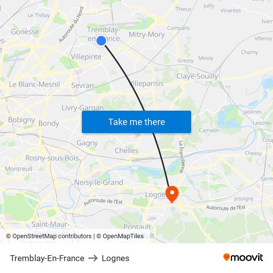 Tremblay-En-France to Lognes map