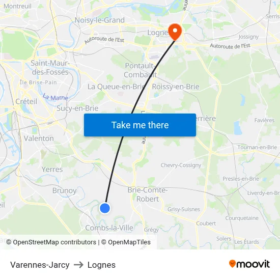 Varennes-Jarcy to Lognes map