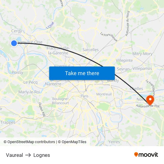 Vaureal to Lognes map