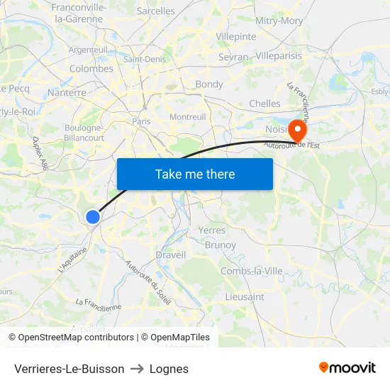 Verrieres-Le-Buisson to Lognes map