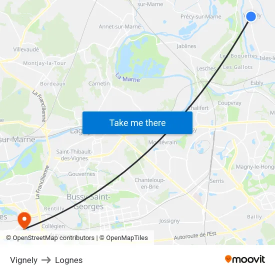 Vignely to Lognes map
