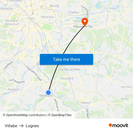 Villabe to Lognes map