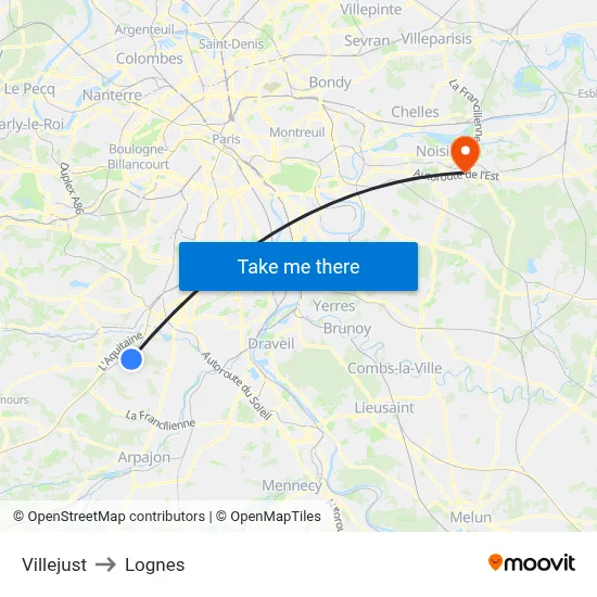 Villejust to Lognes map