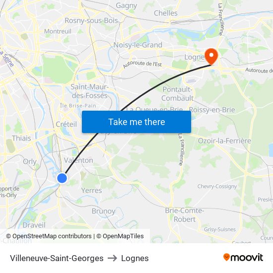 Villeneuve-Saint-Georges to Lognes map