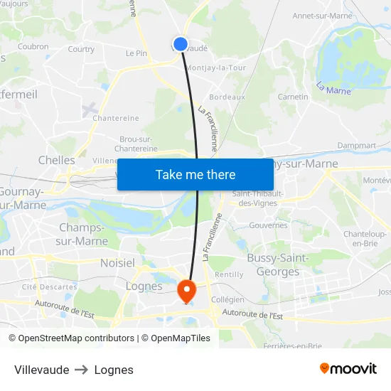 Villevaude to Lognes map
