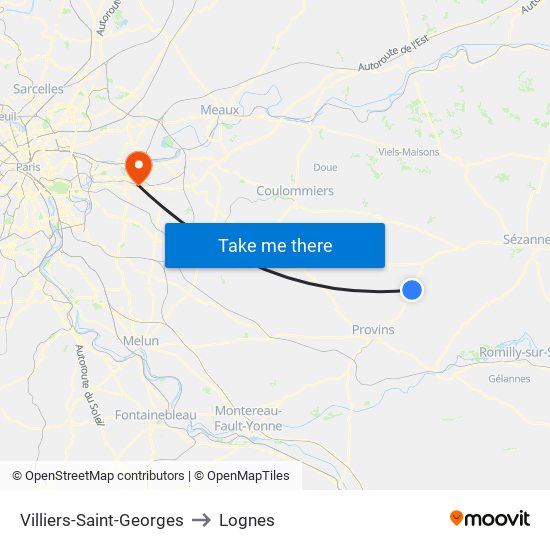 Villiers-Saint-Georges to Lognes map