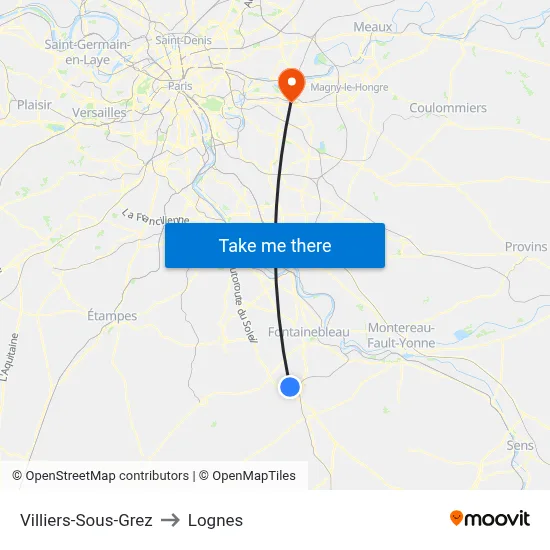 Villiers-Sous-Grez to Lognes map