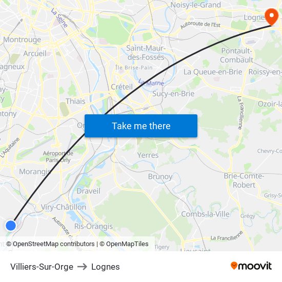 Villiers-Sur-Orge to Lognes map