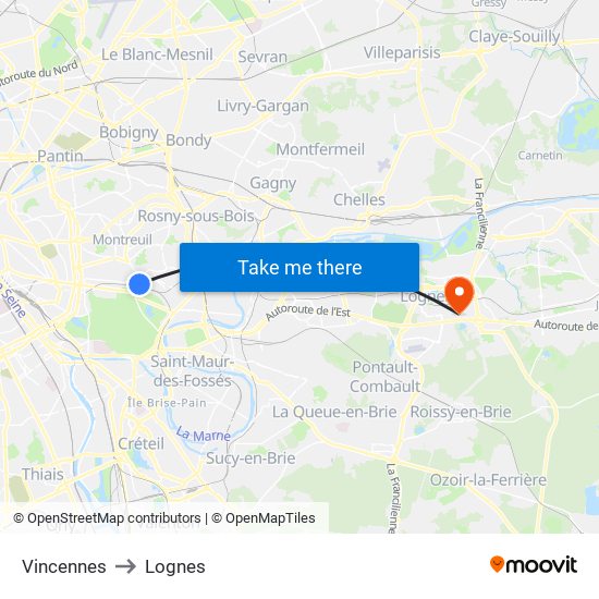 Vincennes to Lognes map