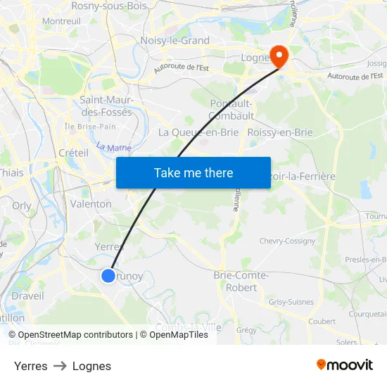 Yerres to Lognes map