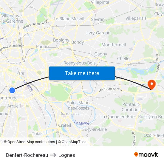 Denfert-Rochereau to Lognes map