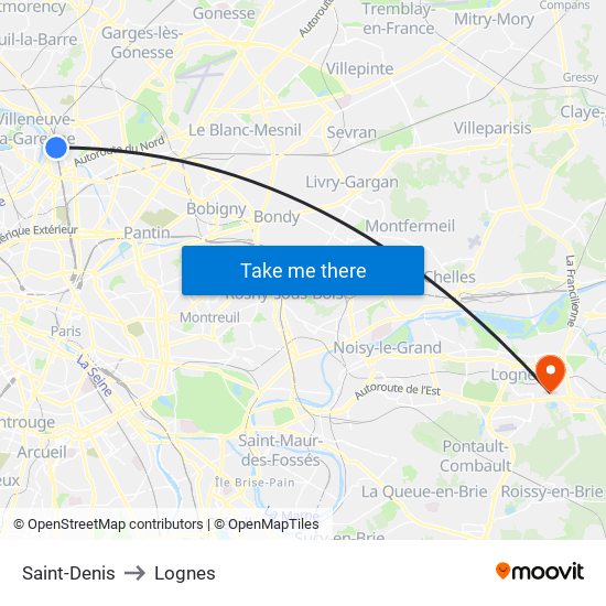 Saint-Denis to Lognes map