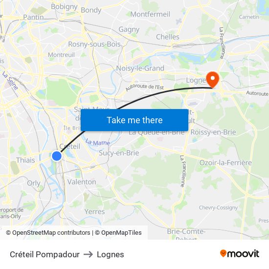Créteil Pompadour to Lognes map