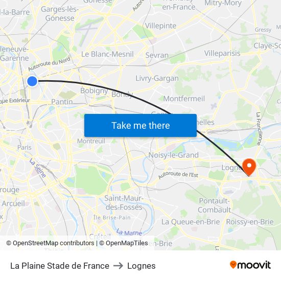 La Plaine Stade de France to Lognes map