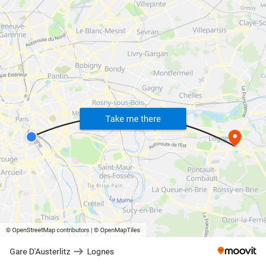 Gare D'Austerlitz to Lognes map