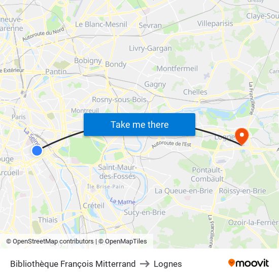Bibliothèque François Mitterrand to Lognes map