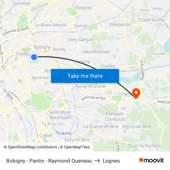 Bobigny - Pantin - Raymond Queneau to Lognes map