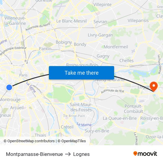 Montparnasse-Bienvenue to Lognes map
