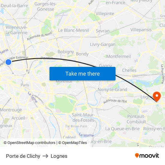 Porte de Clichy to Lognes map