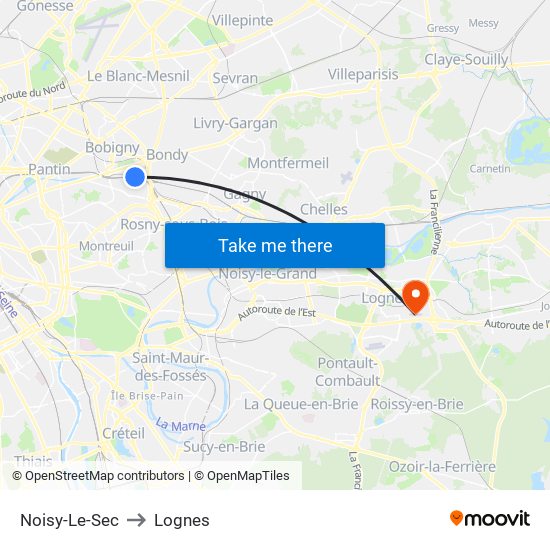 Noisy-Le-Sec to Lognes map