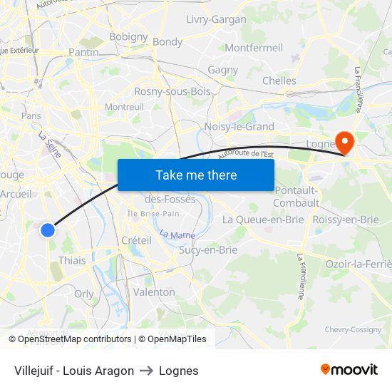 Villejuif - Louis Aragon to Lognes map