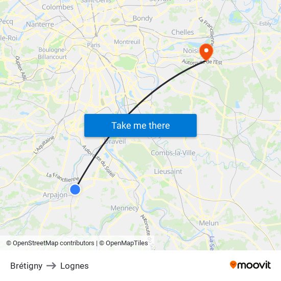 Brétigny to Lognes map