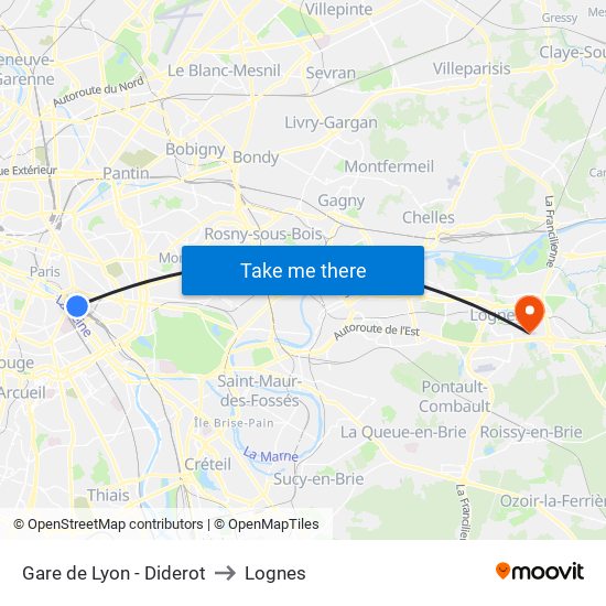 Gare de Lyon - Diderot to Lognes map