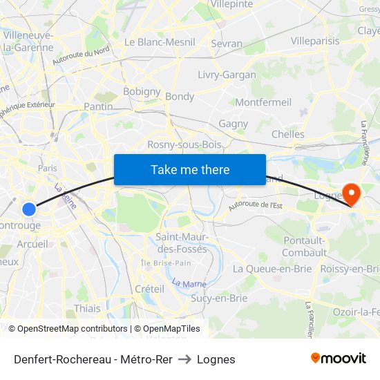 Denfert-Rochereau - Métro-Rer to Lognes map