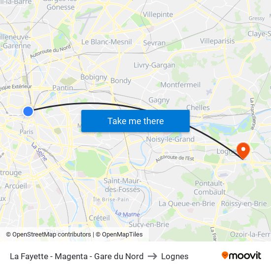 La Fayette - Magenta - Gare du Nord to Lognes map