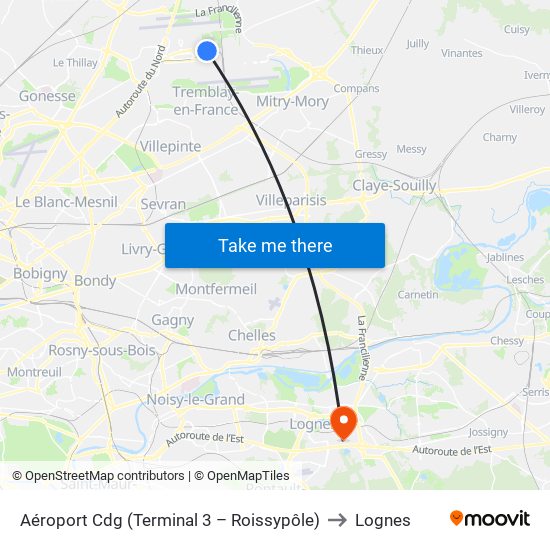 Aéroport Cdg (Terminal 3 – Roissypôle) to Lognes map