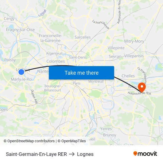 Saint-Germain-En-Laye RER to Lognes map