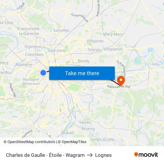 Charles de Gaulle - Étoile - Wagram to Lognes map
