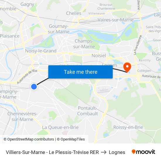 Villiers-Sur-Marne - Le Plessis-Trévise RER to Lognes map