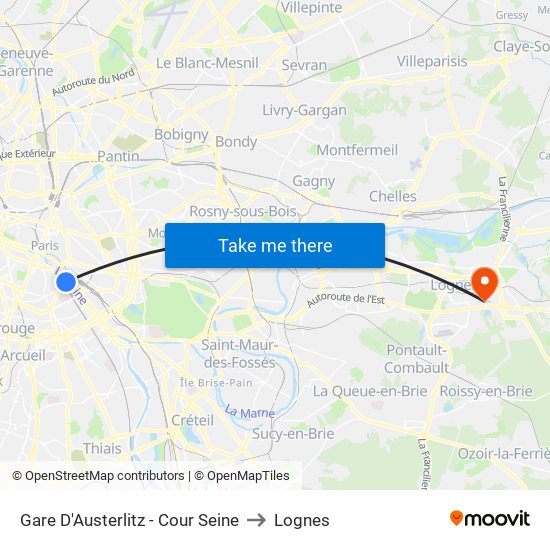 Gare D'Austerlitz - Cour Seine to Lognes map