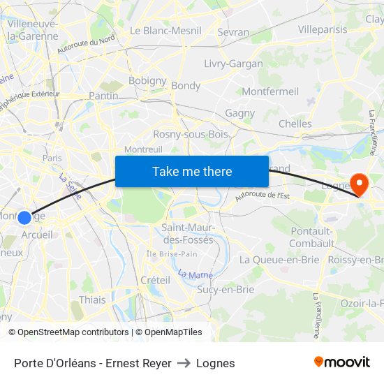 Porte D'Orléans - Ernest Reyer to Lognes map