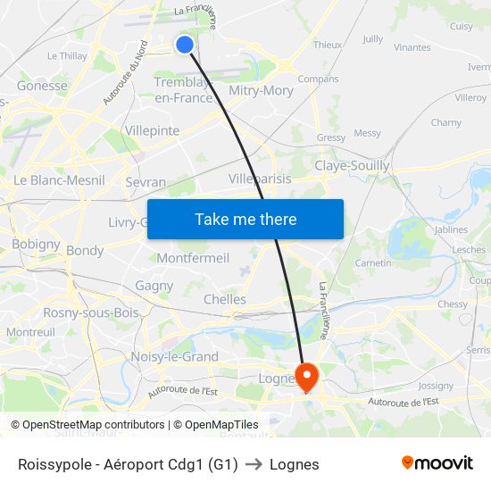 Roissypole - Aéroport Cdg1 (G1) to Lognes map