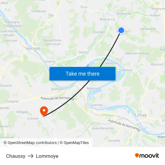 Chaussy to Lommoye map
