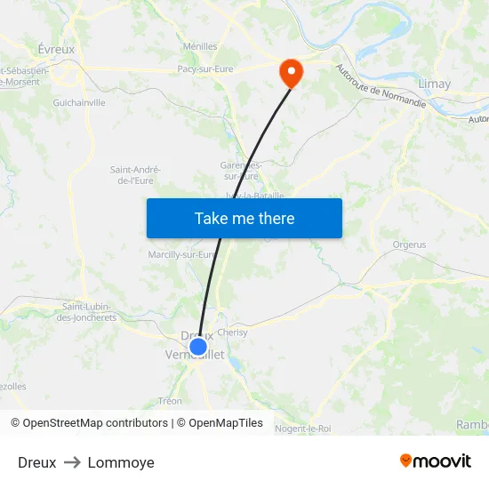 Dreux to Lommoye map