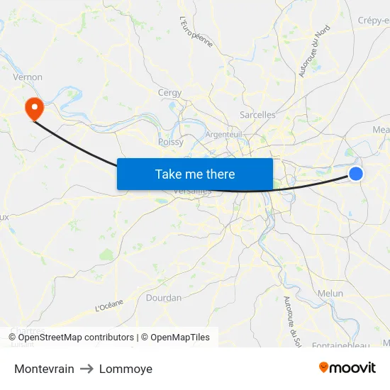 Montevrain to Lommoye map
