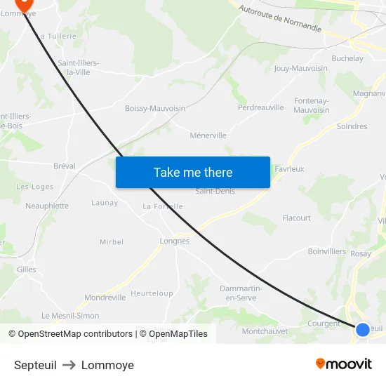 Septeuil to Lommoye map