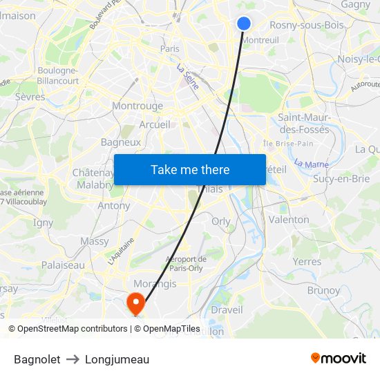 Bagnolet to Longjumeau map